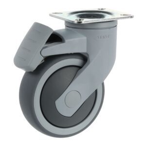 Nábytkové koliesko D100, platnička 77x67 mm, mäkčený behúň, brzda, sivá